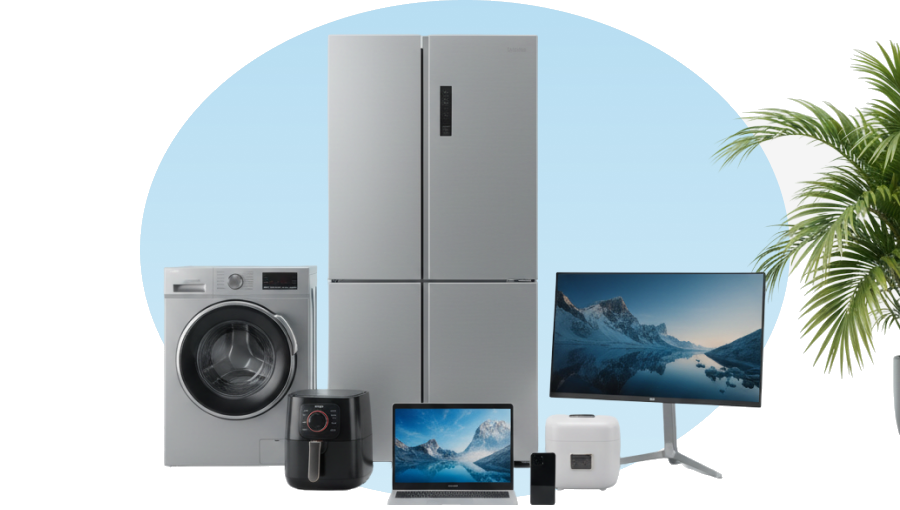 Electrodomésticos y electrónica de las categorías que compara Vale: lavadora, refrigeradora, televisor, laptop y freidora de aire.